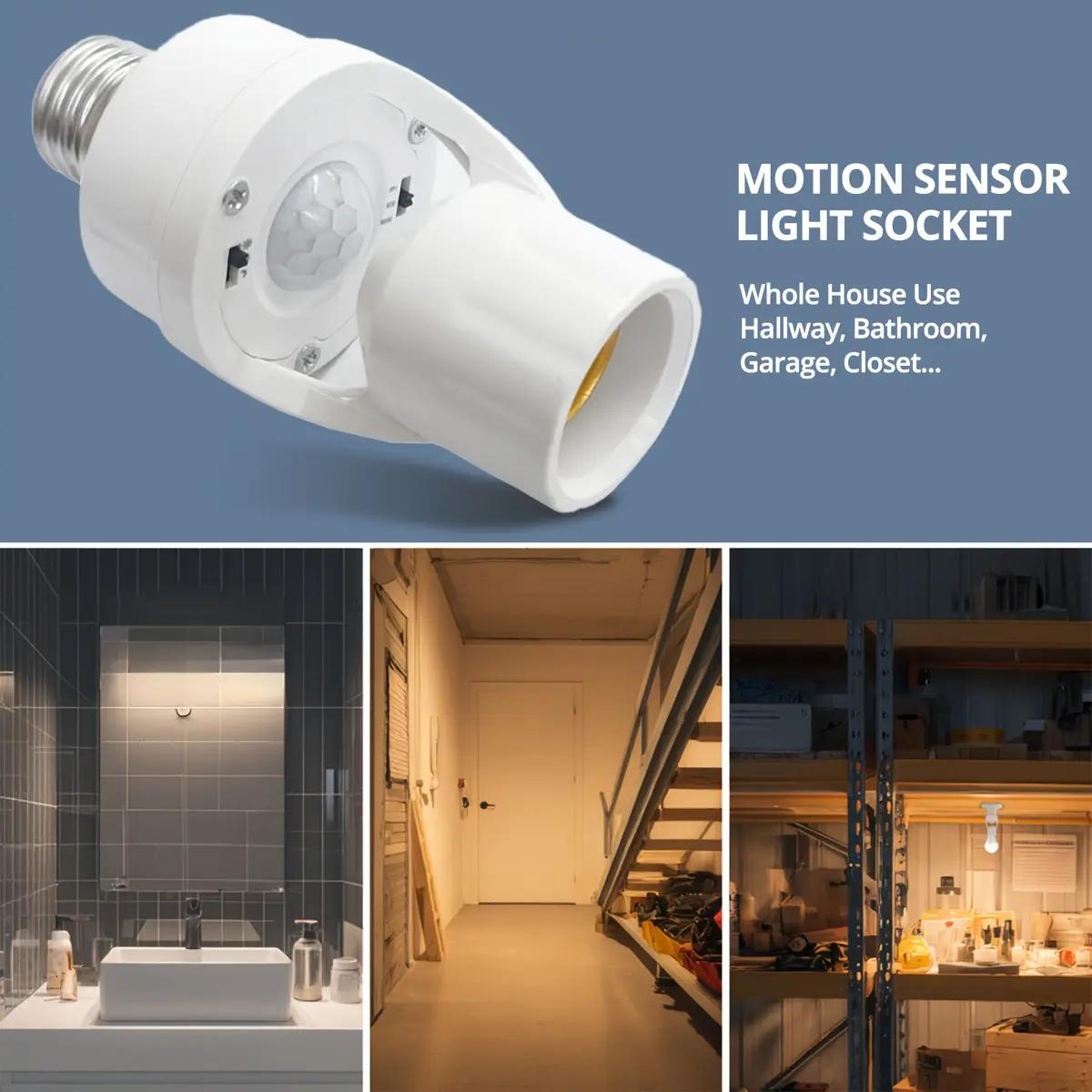 Motion Sensor E27 Socket Adapter with Human Body Infrared Detection, 6m Detection Range, Auto On/Off, No Wiring, High Sensitivity for LED/CFL Bulbs (85-265V),Ideal for Porch,Garage,Yard & Outdoor Security Lighting - Smart Home, Energy-Saving,Easy Install