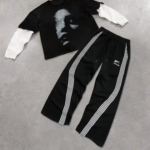 Men's Graphic Print Tee & Striped Pants Two-piece Set, Menswear Regular Fit Casual Fashion Round Neck Long Sleeve T-shirt & Pocket Trousers for Daily Wear, Men's Two-piece Outfits for All Seasons, Top Trousers Set, Clothes, Casual Clothing Set