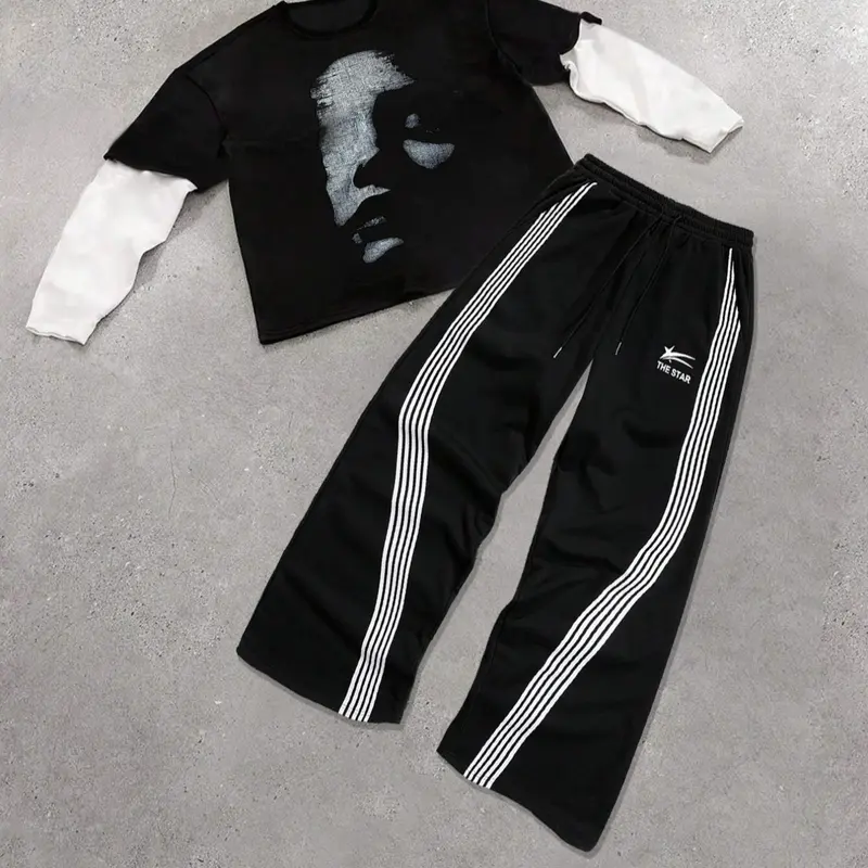 Men's Graphic Print Tee & Striped Pants Two-piece Set, Menswear Regular Fit Casual Fashion Round Neck Long Sleeve T-shirt & Pocket Trousers for Daily Wear, Men's Two-piece Outfits for All Seasons, Top Trousers Set, Clothes, Casual Clothing Set