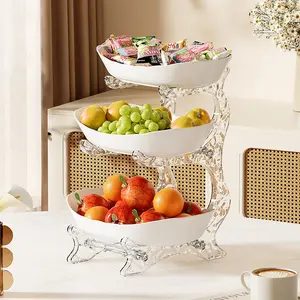3-Tier Fruit Bowl  - Elegant Porcelain Style, Decorative Multi-Layer Storage Rack Organiser, Perfect for Kitchen Counter Fruit, Vegetable, Snack & Dessert Display (Wedding & Party)