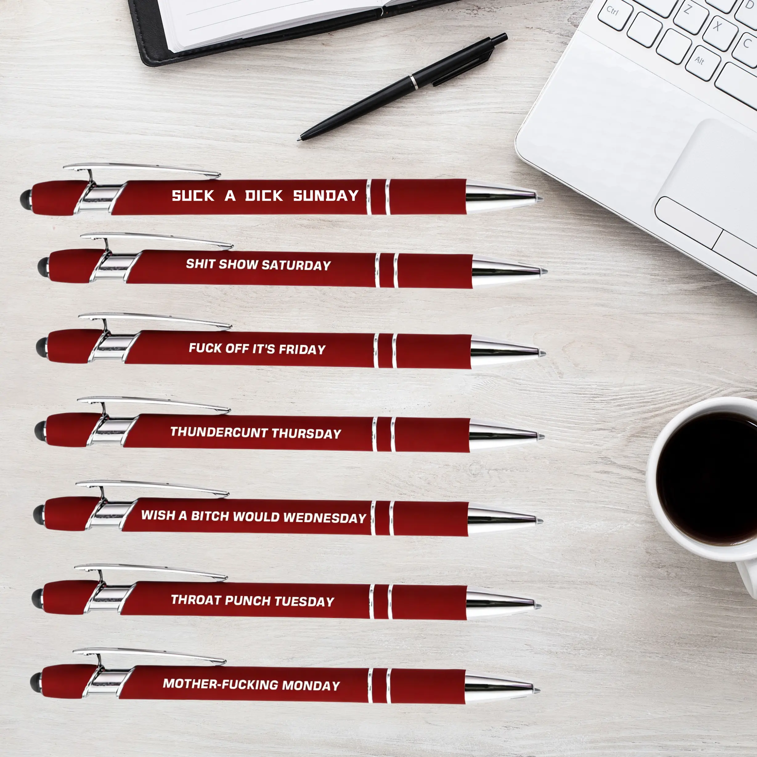 7 Pack Cute Slogan Ballpoint Pens, Week Theme Funny Office Pens, Smooth Black Ink Novelty Pen, Ideal Prank Gift for Coworkers Family