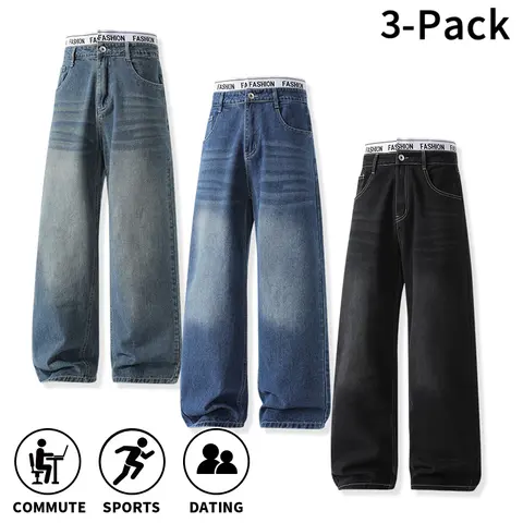Men’s Vintage Wide Leg Cotton Jeans, Faded Gradient Wash Denim Trousers, Contrast Stitch Pockets, Inner Printed Waistband, Trendy Casual Pants for Adult Men, Perfect for Daily Work Commute, Dating and Light Outdoor Sports