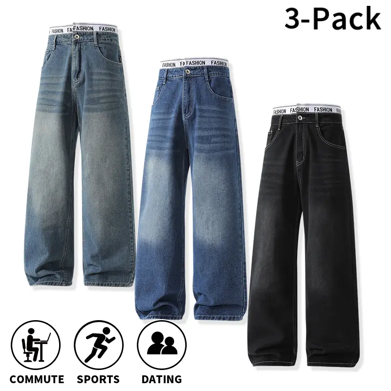 Men’s Vintage Wide Leg Cotton Jeans, Faded Gradient Wash Denim Trousers, Contrast Stitch Pockets, Inner Printed Waistband, Trendy Casual Pants for Adult Men, Perfect for Daily Work Commute, Dating and Light Outdoor Sports