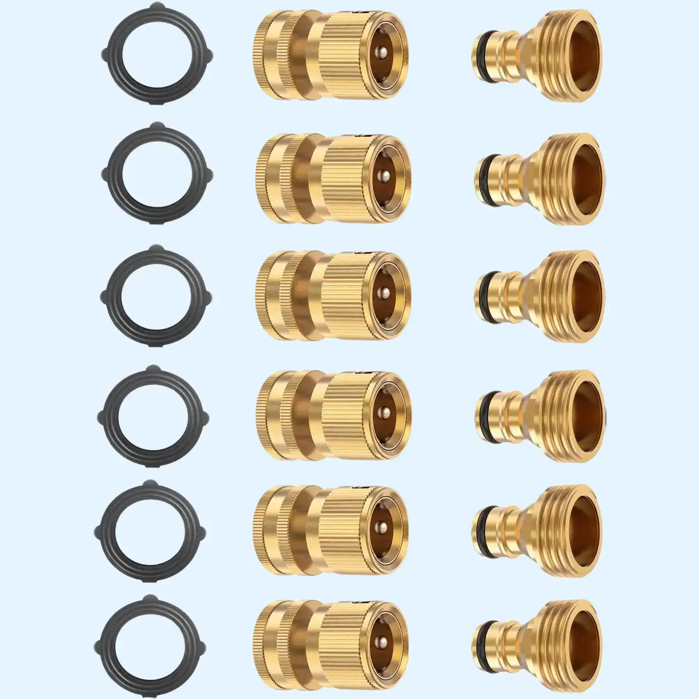 Garden Hose Quick Connector Set, Solid Brass 3/4 Inch Water Fitings Thread Easy Connect No-Leak Male Female 6 Sets