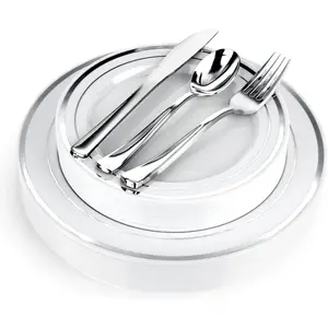 125-Piece Disposable Plastic Plates in White and Silver Fancy Design with Silverware-Set of 25 Dinner + Salad Plates, 25 Spoons, 25 Forks, 25 Knives for Weddings and Holiday Parties