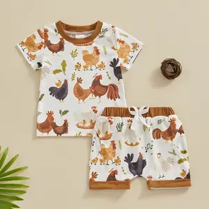 Afunbaby Toddler Baby Boy Girl Summer Clothes Country Farm Chick Short Sleeve Western T-Shirt Tops Jogger Shorts Set Casual Outfits Set