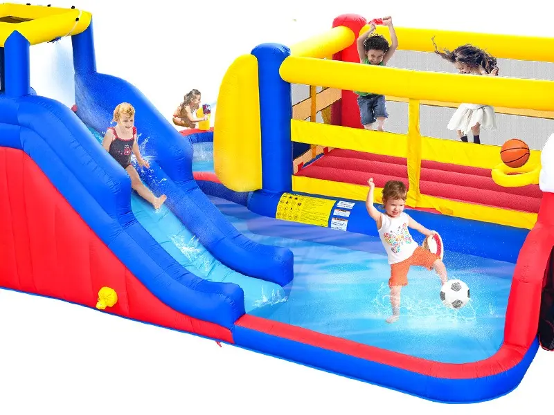 7 IN 1 Inflatable Water Slide Bounce House with Deep Pool, Basketball Hoop, Soccer Gate, Water Cannon & Climbing Wall, Outdoor Backyard Kids Inflatable Water Park