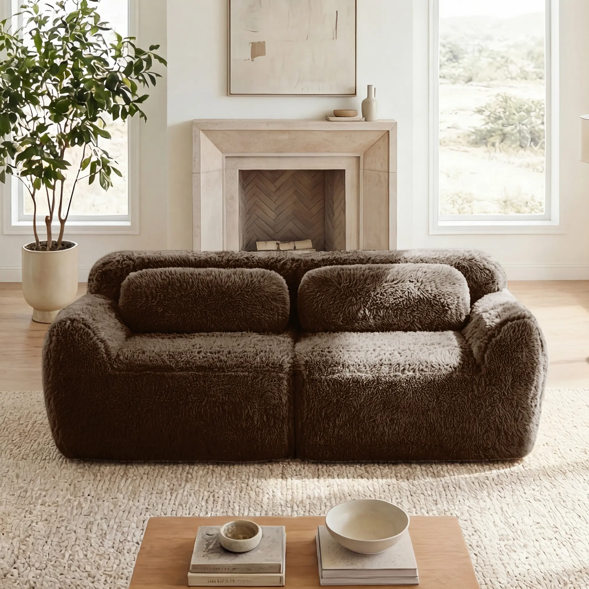 2-seater Modular Sectional Sofa Couches,Soft Fluffy Plush Fabric Bottom Anti-Slip Design,32D High Density Sponge,No Assembly Required Ergonomic Design,With Throw Pillows Fits Living Rooms,Chocolate/Dark Grey/Pink/Light Khaki