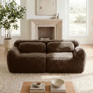 2-seater Modular Sectional Sofa Couches,Soft Fluffy Plush Fabric Bottom Anti-Slip Design,32D High Density Sponge,No Assembly Required Ergonomic Design,With Throw Pillows Fits Living Rooms,Chocolate/Dark Grey/Pink/Light Khaki