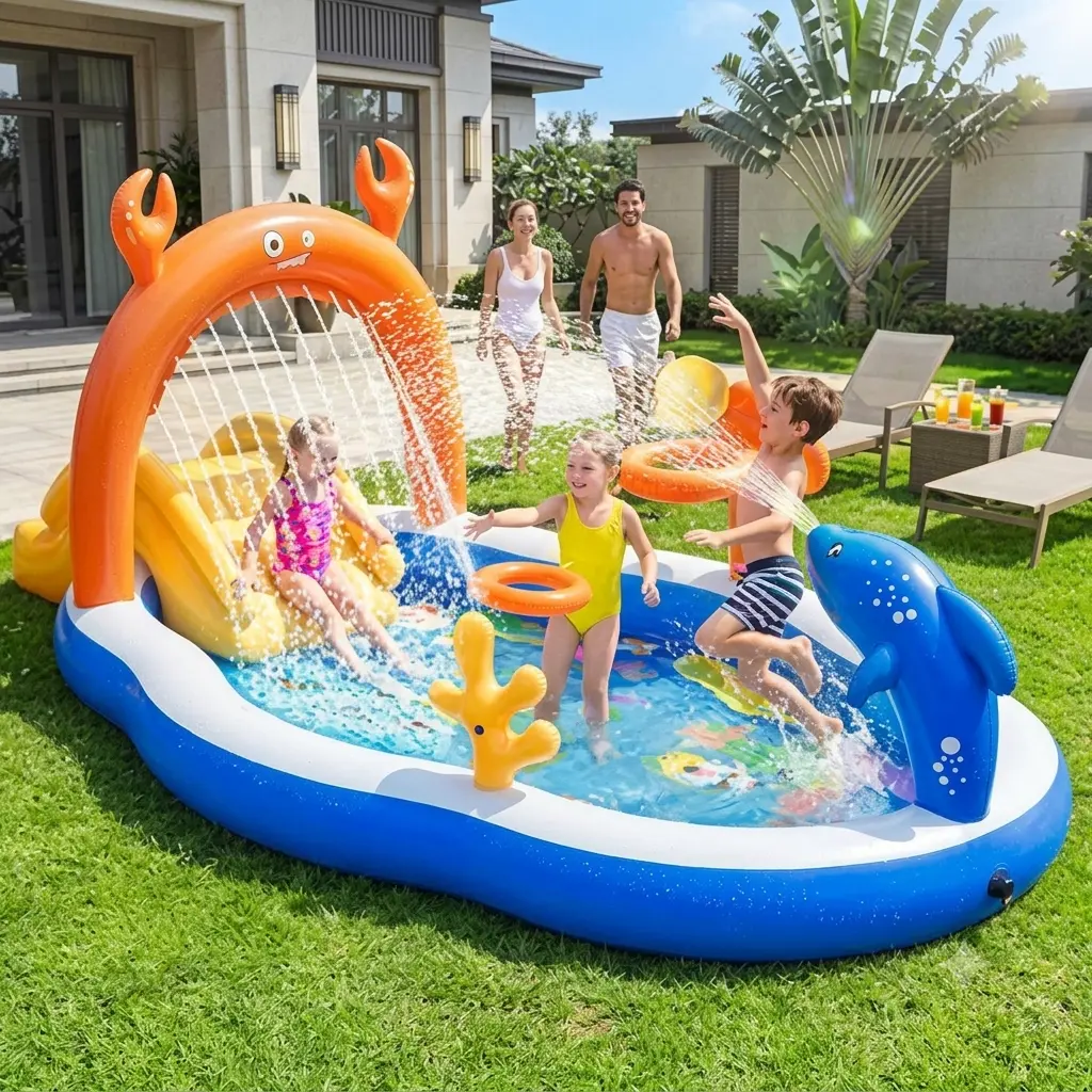 Inflatable Water Slide for Kids, Large Inflatable Kiddie Pool with Water Slide & Sprinkler, Backyard Splash Pad Play Center for Toddlers, Blow Up Swimming Pool, Outdoor Summer Water Toys, 120 x 70 x 50 Inches