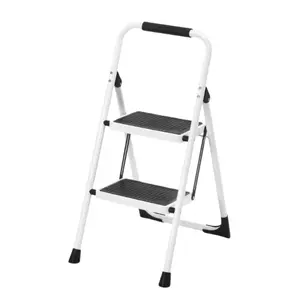 2 Step Ladder Folding Step Stool with Anti-Slip Wide Pedal Lightweight Stepladder with Handrails Portable for Kitchen Household 330LBS White Triangle Support Safety Lock Design