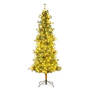 COSTWAY - 6/7/8 Feet Artificial Christmas Tree Pre-lit Hinged Xmas Tree with Warm White LED Lights and Pine Cones-8ft