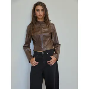 Faux Leather Stand Collar Zipper Biker Jacket