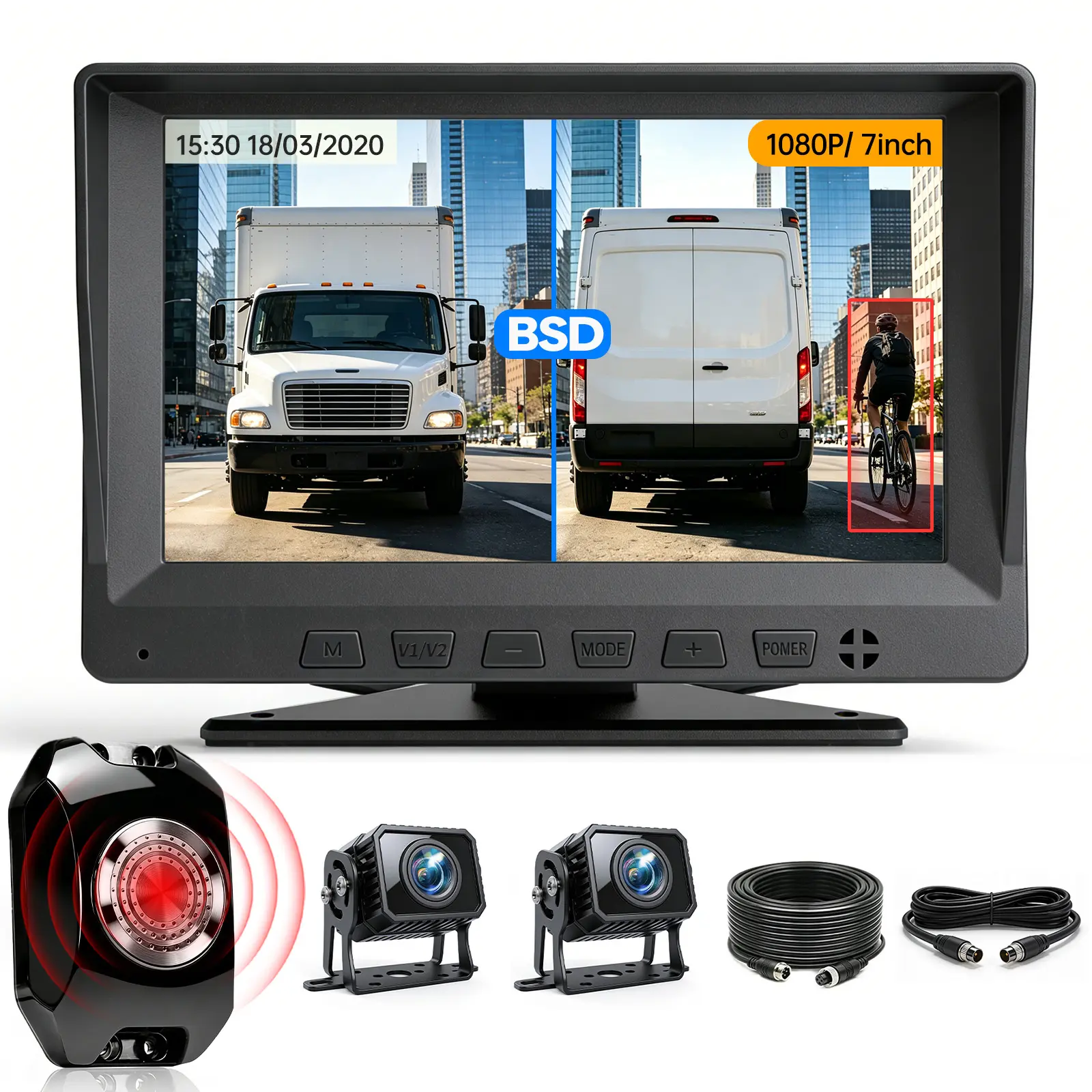 ConewVehicle Wired Backup Camera System for RVs Trucks Trailers Campers,7-inch 1080P Full HD Monitor,2-Channel AHD Rear View Camera,BSD Audible Alarm,DVR Loop Recording,Easy Install,Waterproof,IR Night Vision