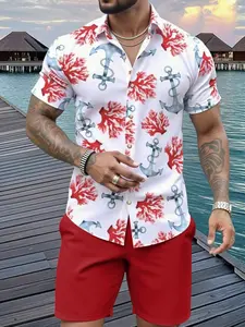 Men's Casual Fashion Trendy Sportswear, Menswear, Fitted Tropical Hawaiian Print Shirt Shorts Matching Set Outfit, Beach Style, Summer Wear, Comfortable and Stylish