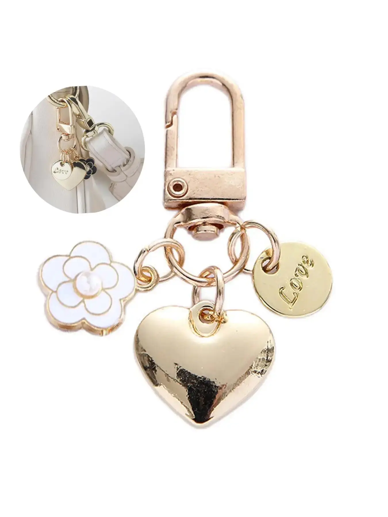 Fashion Heart & Flower Design Keychain, Cute Colorful Faux Pearl Decorated Key Ring Holder, Car Bag Pendant Ornament for Women Souvenir Birthday Gift