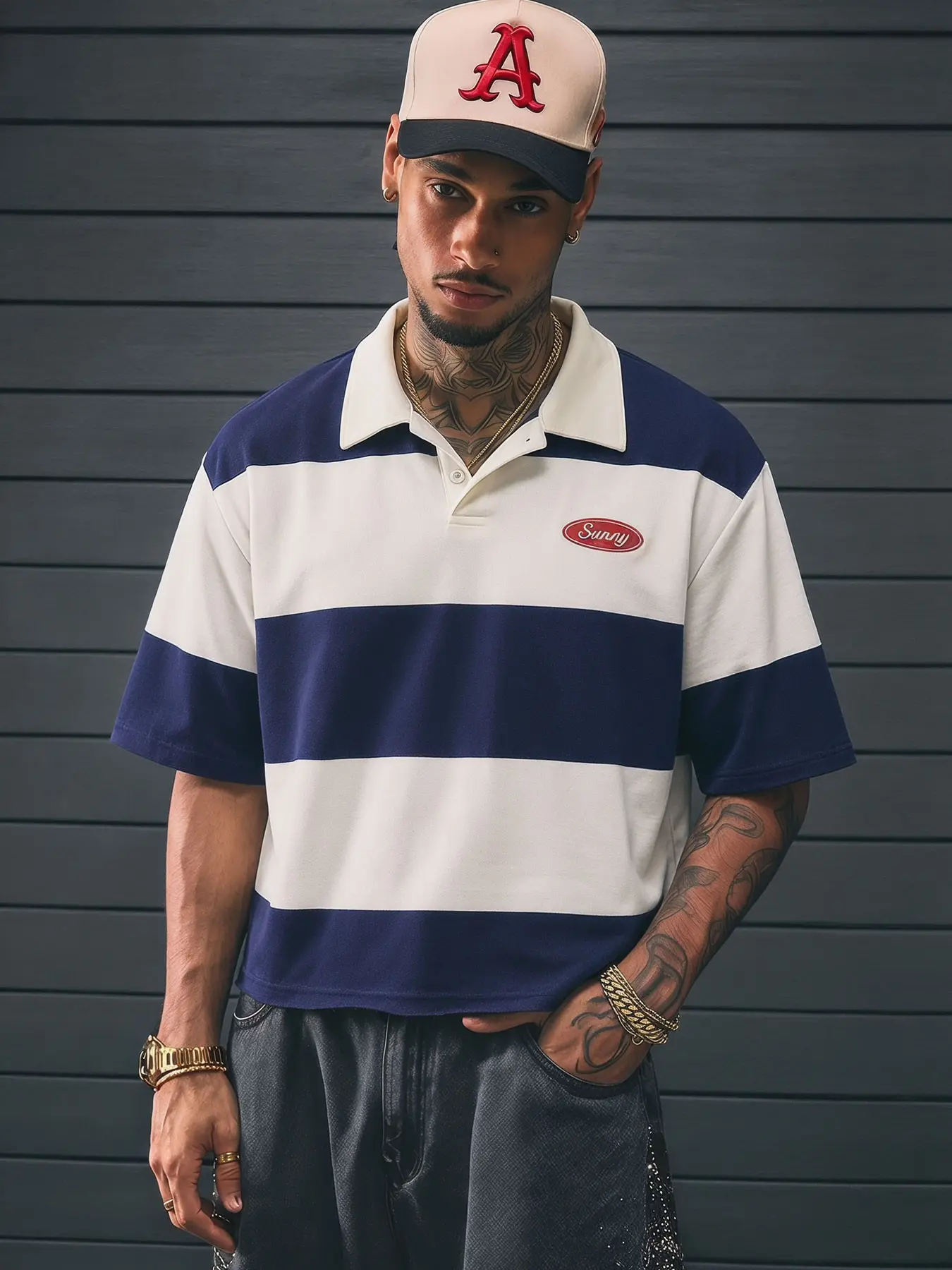 Men's Retro Navy & White Striped Polo Shirt, Y2K Loose Fit Rugby Style Top with "Sunny" Patch, Casual Vintage Inspired Polo for Daily, Commute #springsaledeals2026 #summeroutfits #tiktokshopmademebuyit #menfashion