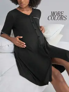 Pregnant Women Front Button Nursing Nightgown, Colorblock Trimmed V-Neck Short Sleeve with Pockets, Comfortable Postpartum Sleepwear, Nursing Apparel, Maternity Clothes