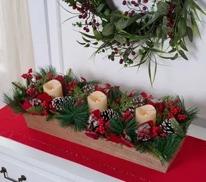 36" Illuminated Berries and Pinecones Centerpiece w/ Ribbon by Valri