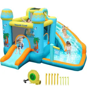 Kids Inflatable Bounce House w/450W Blower, Kid Bouncer & Water Slide 2 in 1, Outdoor/Indoor Bouncy Castle Water Park Backyard with 2 Slides, Climbing Wall, Jumping Area, Splash Pool