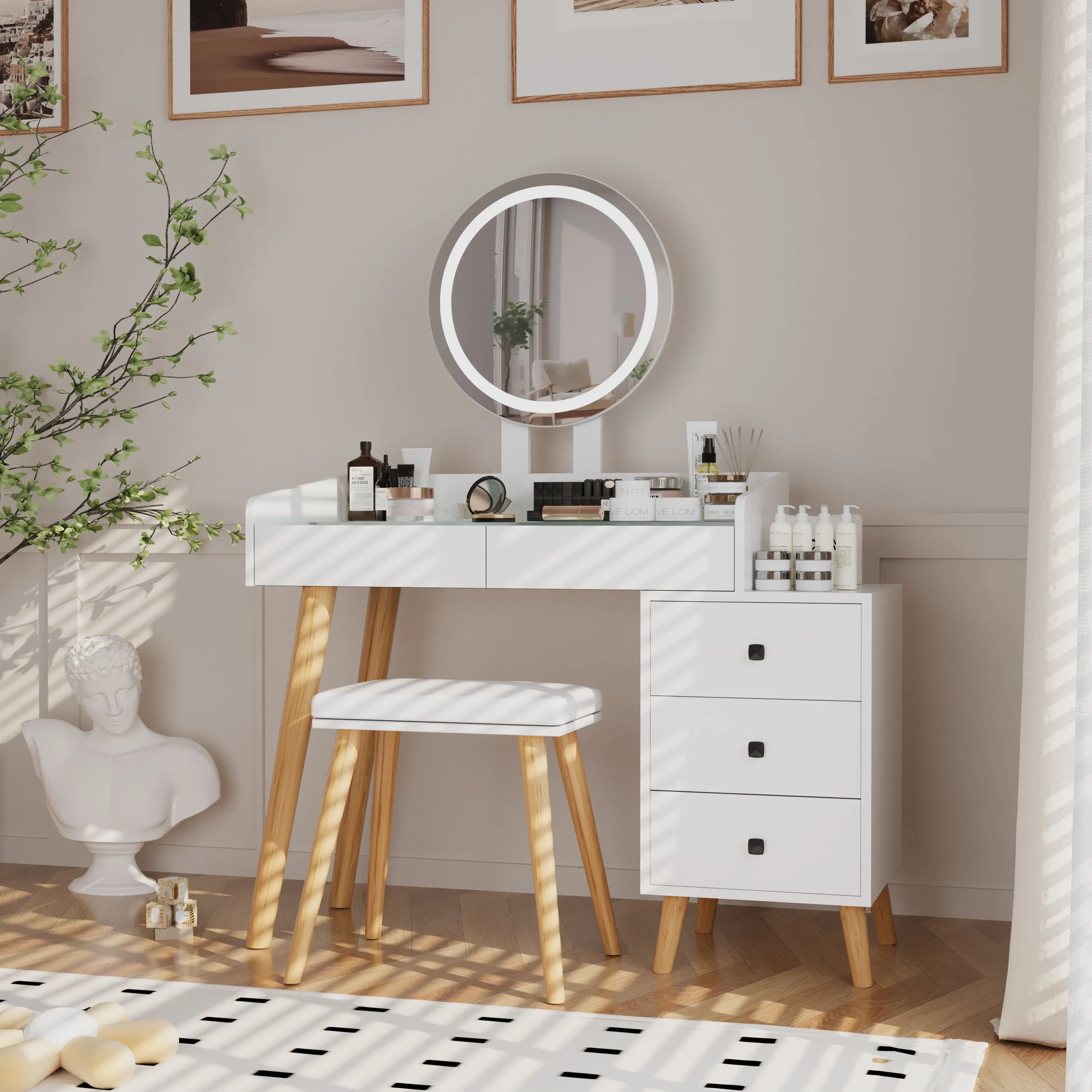 Vanity Table Set Vanity Desk, Dressing Table with LED Lights Glass Top, Extendable Side Table, 5 Drawers, Mirror and Stool for Bedroom