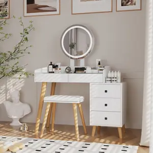 Vanity Table Set Vanity Desk, Dressing Table with LED Lights Glass Top, Extendable Side Table, 5 Drawers, Mirror and Stool for Bedroom