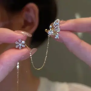 Fashionable and trendy rhinestone jewelry, butterfly love flower ear cuff and ear wire integrated earrings, the perfect holiday gift