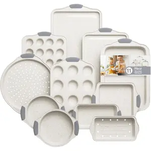 11-Piece Nonstick Baking Pans Set, Stackable Non Toxic Bakeware Sets with Cookie Sheets, Cake Pan, Loaf Pan, Pizza Pan, Muffin Pan, White&Gray