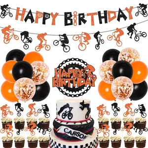 Bike Birthday Party Decorations Orange And Black Bicycle Motocross Party Decorations - Bmx Happy Birthday Banner Bike Cake Topper Garland BalloonsExtreme Sports Party Supplies For Boys