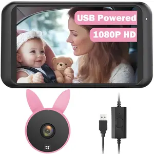 Babyvue BV2 USB Power Smart Rotation Car Baby Monitor 1080P Rear Facing Mirror with Shockproof Design Real-Time Infant Monitoring System for Family Vehicles