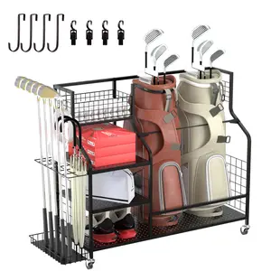 Vantage Mounts Golf Storage Organizer for Garage, Extra Large Golf Bag Stand Holder for 2 Bags with Side Storage Pockets, Heavy Duty Golf Club Rack for Home Basement, Indoor Outdoor Sports Equipment Storage with Lockable Wheels & Shelves tiktokshopsp
