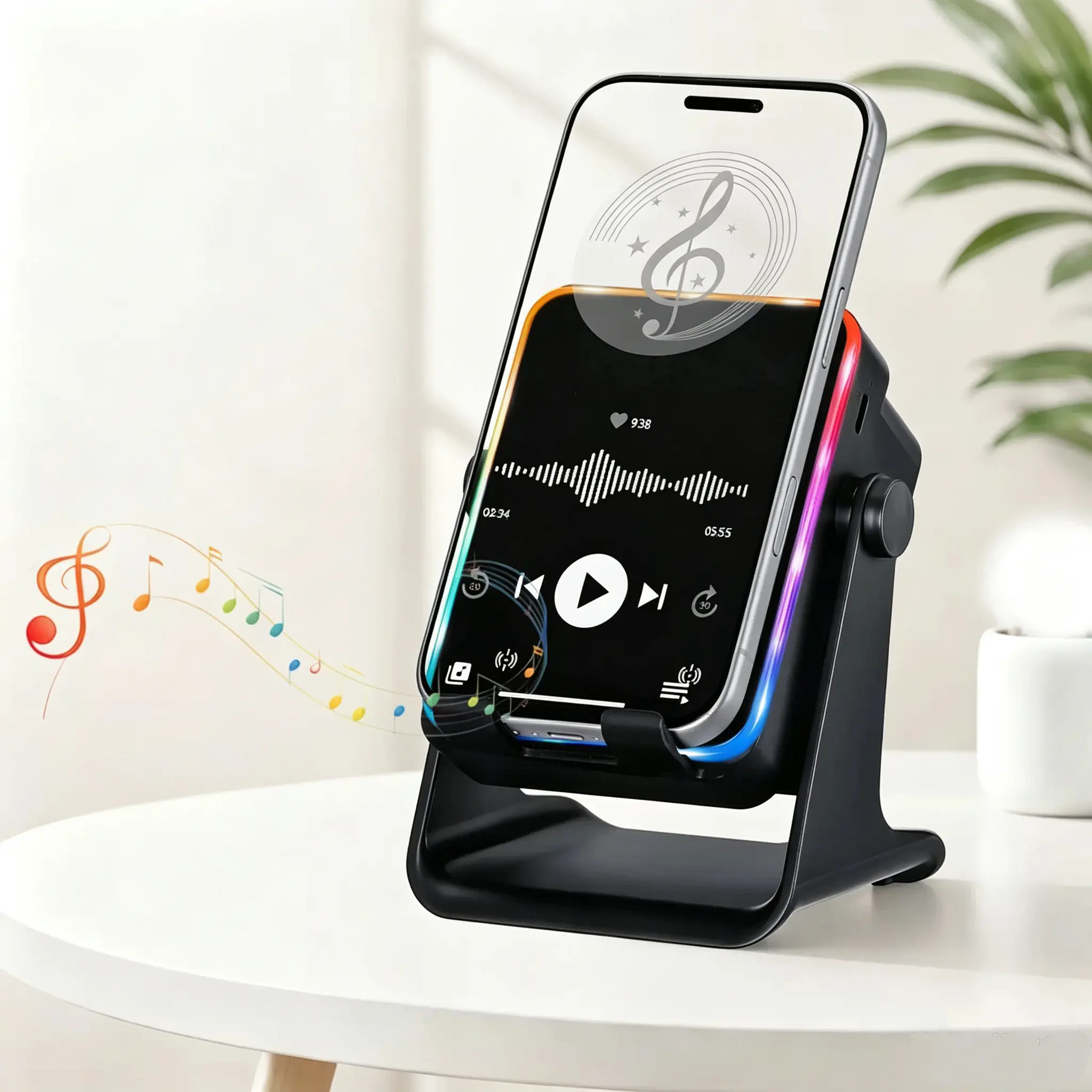 Wireless Induction Audio Speaker Stand with Automatic Smartphone Holder - 360° Stable Hold, Silicone Base, Induction Play, 3500mAh Rechargeable Emergency Power Bank, Color-Changing Ambient LED Light, Speaker Phone Holder Device for Camping, Father’s Day