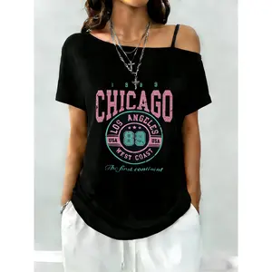Womens Asymmetrical One Shoulder Cold Shoulder Short Sleeve Tee Off Shoulder Strap Top Oversized Streetwear Graphic Chicago Los Angeles 89 West Coast
