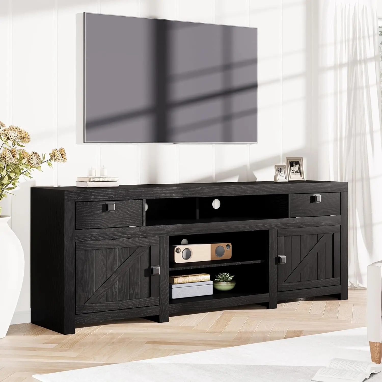 Rectangle Farmhouse Wood Frame TV Console Table - 70.1"w x15.7"d x28.1"h, 75/80-Inch TV Compatible, 4 Storage Drawers, 3 Open Shelves, Drop Flap Doors, Entertainment Home Cinema Watch Party Center for Living Room, Assembly Required