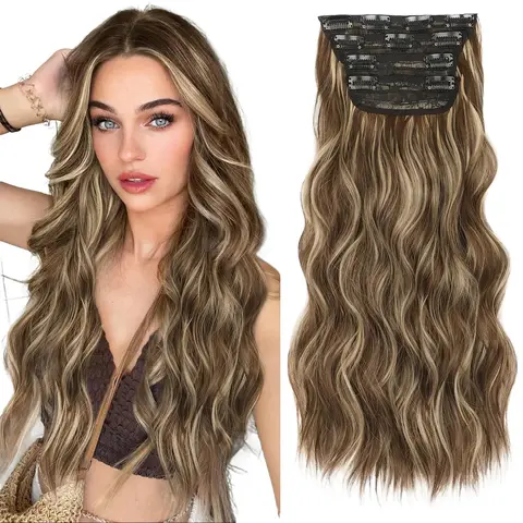 【Flash Sale】Clip in Synthetic Hair Extension 4PCS Long Wavy Hair Extensions 20/24 Inch Synthetic Thick Hairpiece for Women Blonde Brown Wave, Clip In Hair Extensions