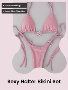 Stunning European American women’s bikini—sexy ultra revealing designed for larger busts three-piece halter bikini for the beach pure allure