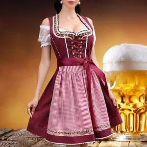 Beer Festival Dirndl Maid Cosplay Costume, Sexy Off-Shoulder Short Sleeve Apron Dress with Square Collar and Plaid Patchwork, 2024 Vestido Style