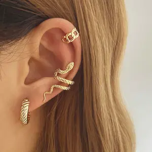 Women's Golden 3-Piece Snake Ear Clip Set, Open Earring Cuff Earrings, Artificial Gemstone Jewelry Accessories, Ear Cuff Earrings
