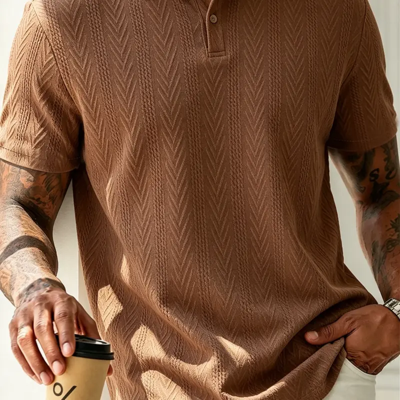Men's new solid color shirt collar polo shirt, jacquard design, soft fabric, outdoor leisure business breathable polo shirt golf shirt, suitable for vacation and business occasions, daily leisure essential fathersdaygift