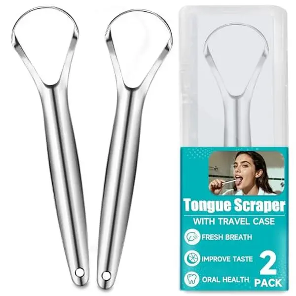 2 Pack Tongue Scraper for Adults, Reduce Bad Breath, Tongue Cleaner with Travel Case, Stainless Steel Tongue Scrapers, Tongue Brush, Tongue Scrubber for Oral Care & Hygiene