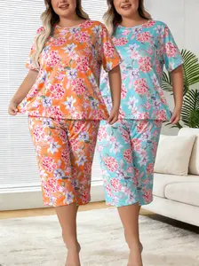 LONAGIRL Women's Plus Size 2-Piece Floral Pajama Set | Elegant Flower Print Short-Sleeve 2 Tops &Two  7/8-Length Pants | Soft All-Season Womenswear Loungewear Nightwear Pjs | Perfect Fit 1XL-5XL