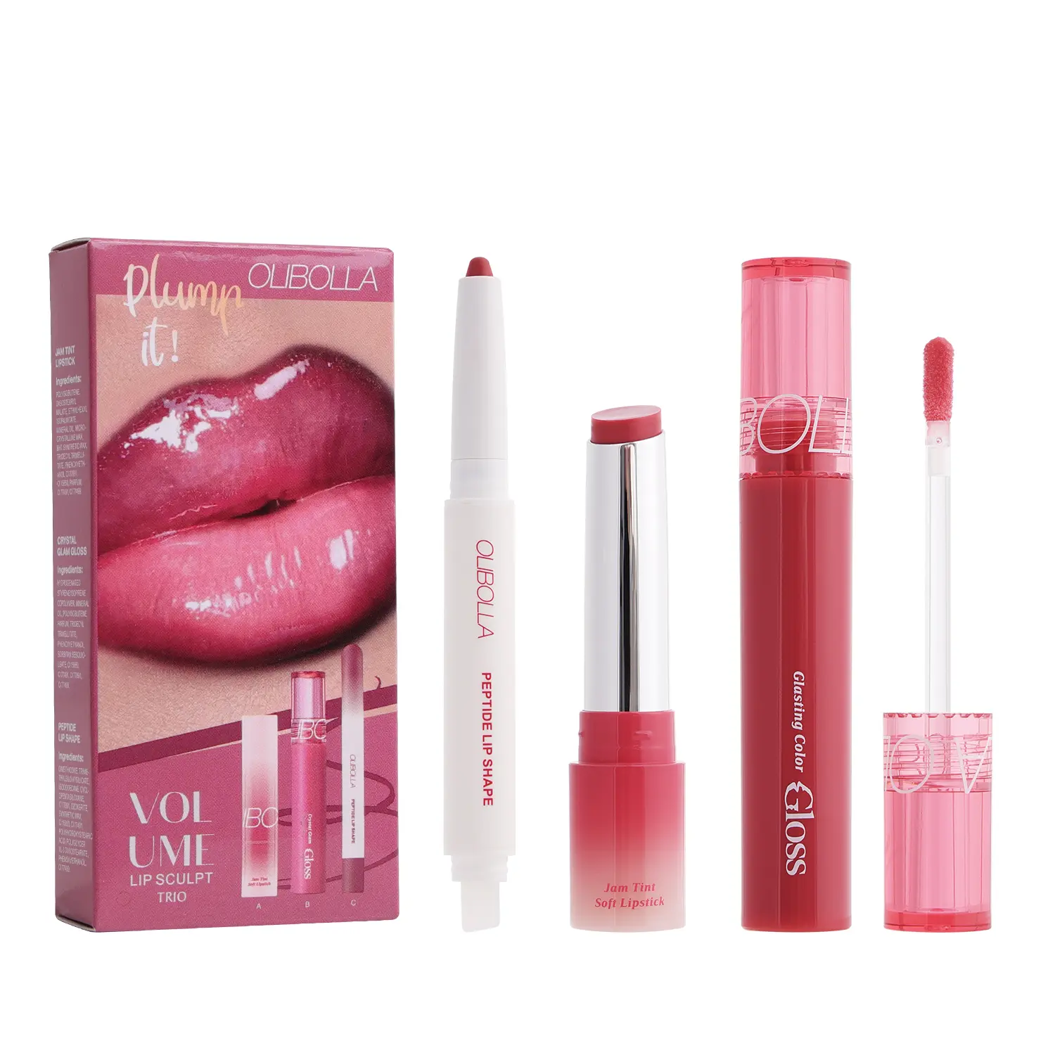 OLIBOLLA Volume Lip Sculpt Trio Set Lip Liner Lipstick Lip Glaze 3-in-1 Easy Color Gift Box for Flawless Glossy Lips Makeup Lipgloss Cosmetic