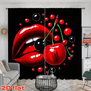 2D Flat 2Pcs Sexy Red Lip & Cherry Print Curtains, Black Background Aesthetic Drapes, Semi Sunshade Polyester Window Treatment for Living Room, Bedroom, Balcony, Kitchen, Study, Shower, Privacy Protecting Decor.