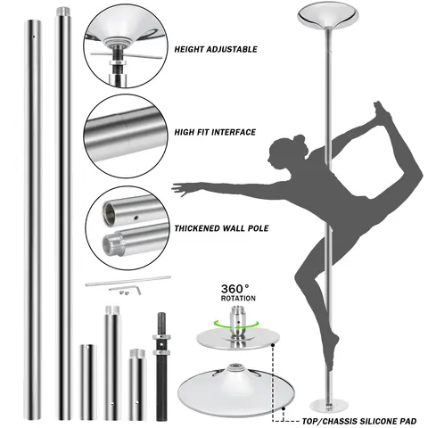 Zeny Adjustable Gymnastics Pole - 45mm Chromed Steel, 24 lbs, 7.4ft-9ft Portable, Spinning & Static Modes, 440lb Capacity, 1x 140mm Dance Pole Extension, Rustproof Sturdy, Articulating Base, for Home Gym, Studios, Beginners, Unisex Dance Use