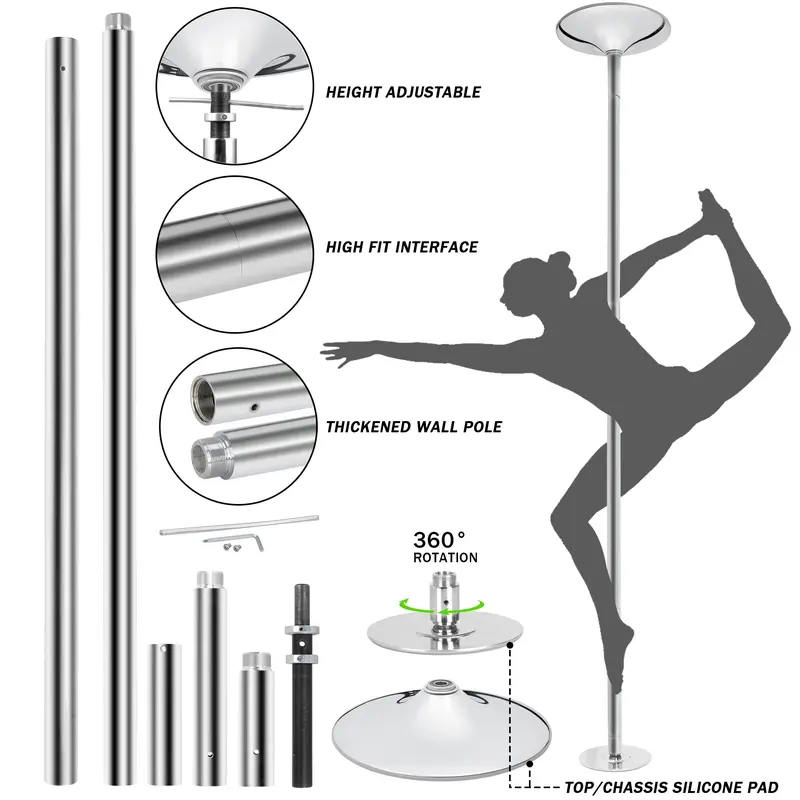 Zeny Adjustable Gymnastics Pole - 45mm Chromed Steel, 24 lbs, 7.4ft-9ft Portable, Spinning & Static Modes, 440lb Capacity, 1x 140mm Dance Pole Extension, Rustproof Sturdy, Articulating Base, for Home Gym, Studios, Beginners, Unisex Dance Use