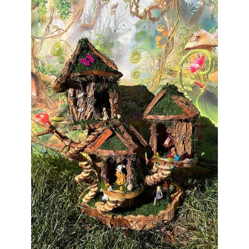 Large Fully Decorated Fairy Village With Lights And Furniture Dollhouse Large Fairy Houses Large Fairy House For Garden