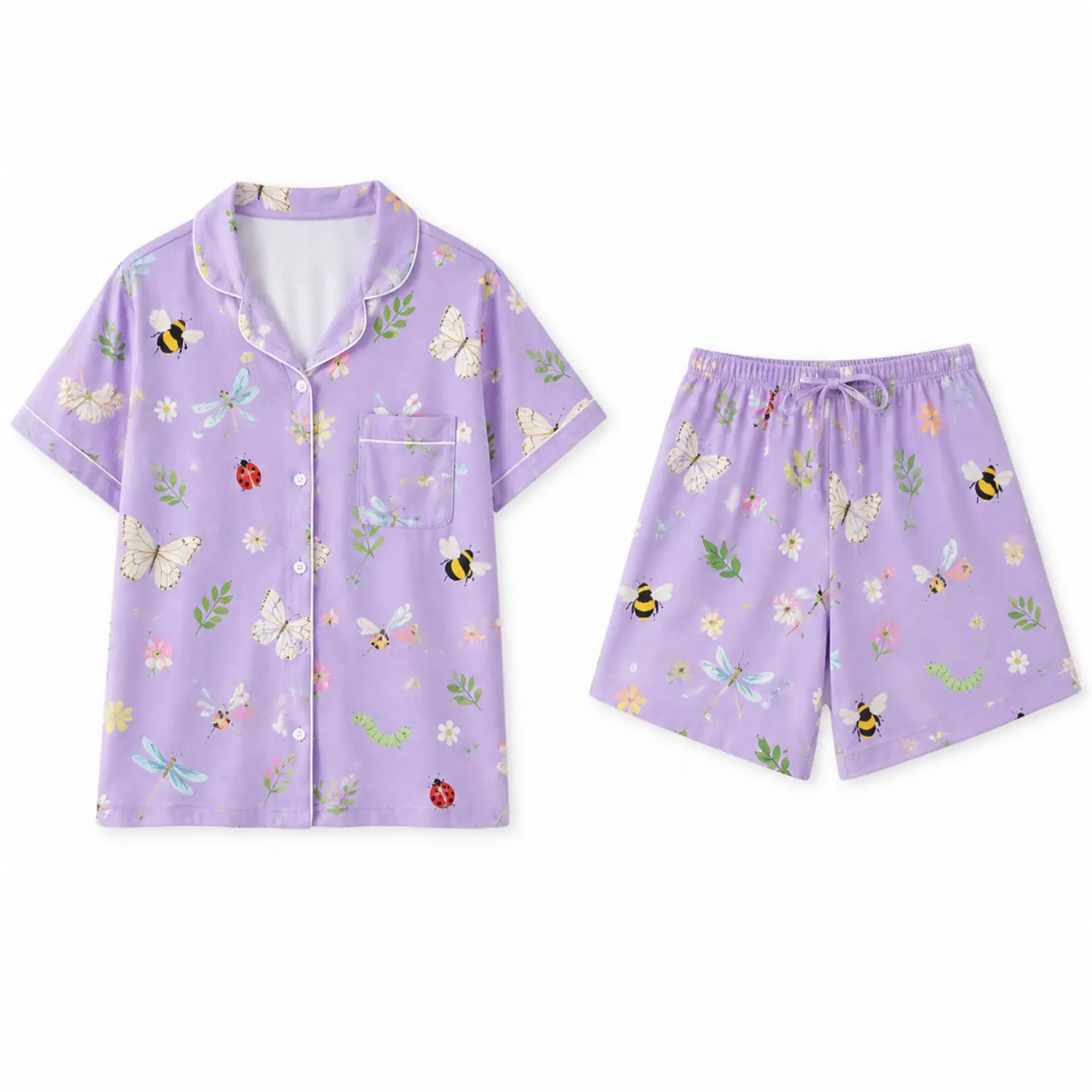 Lavender Short Sleeve Pajama Set with Button Front Collared Top, Chest Pocket, Drawstring Shorts, and Colorful Butterfly, Bee, Floral Print