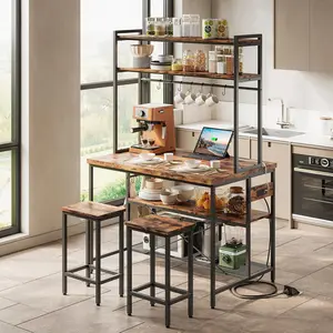 IRONCK Kitchen Island with 2 Stools, Bakers Rack with Power Outlet, Large Kitchen Island Table with Shelves, Coffee Bar Table Set for Kitchen Dining Room, 10 Hooks