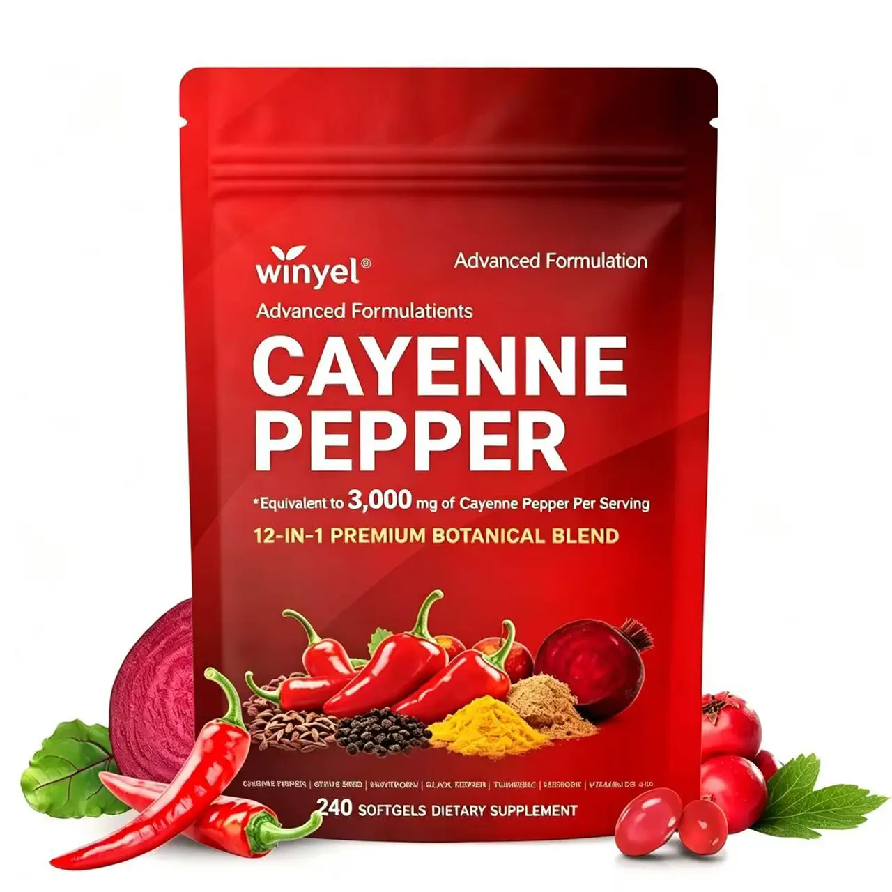 12-in-1 Halal Kosher Organic Cayenne Pepper Vegan Softgels, 3000mg Per Serving, Gluten-Free Herb Blend with Beet Root, Turmeric, Black Pepper, Garlic, Fennel Seed, Cumin, Oregano, Supports Digestion & Metabolism, 240 Adult Dietary Supplements