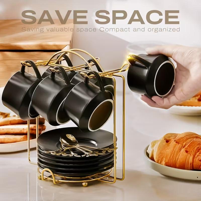 Espresso Cups with Saucers, Spoons, and Metal Stands, 4-ounce Small Ceramic Cappuccino Coffee Cup Set of 6, Cute Teacups with Handles